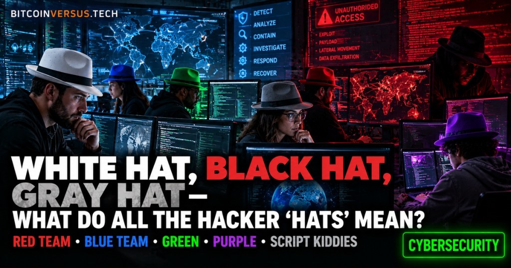Realistic editorial cybersecurity command center showing white, black, gray, red, blue, green, and purple hat roles, with a neon-green CYBERSECURITY tag at bottom right.