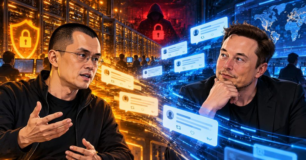 Original anime editorial illustration of Changpeng Zhao and Elon Musk in contrasting orange and blue technology settings with a cybersecurity threat in the background
