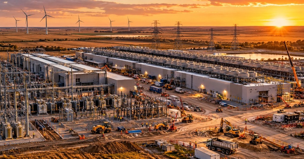 Editorial illustration of data center construction, electrical substations and farmland in the Dakotas
