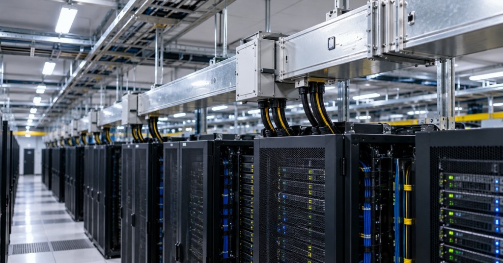 Realistic data center aisle with overhead electrical busway and tap-off boxes feeding server racks.