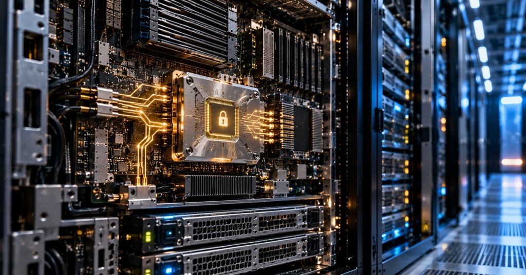 Server-level hardware security module inside a modern data-center rack, representing standardized HSM security for cloud infrastructure.