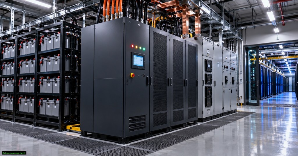 A modern data-center UPS and battery room with UPS cabinets, battery racks, switchgear, busbars, power cables, and server racks in the background.