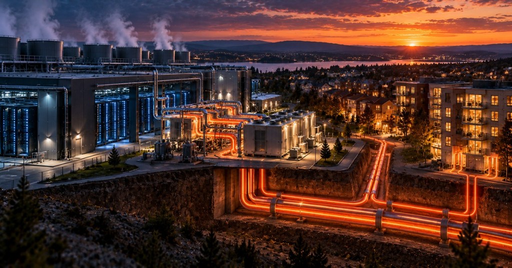 Data center waste heat flowing through district heating pipes into nearby homes at sunset