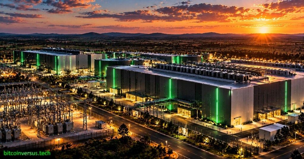 Cinematic sunset view of a large AI data center campus with neon-green architectural accents, cooling arrays, and a foreground electrical substation.