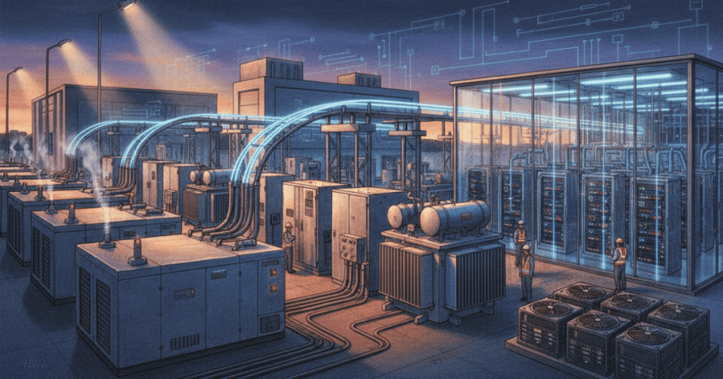 Illustration of modular generators, switchgear, transformers, and AI server racks connected as one continuous data-center power path.