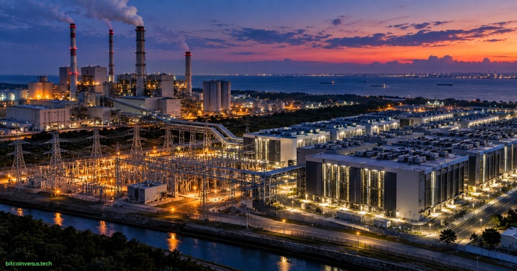 AI data center campus beside a coastal power station with substations and direct power infrastructure