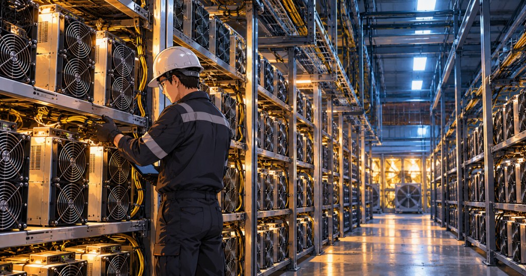 Anime-style illustration of a mining technician checking racks of air-cooled ASIC miners in an industrial data center