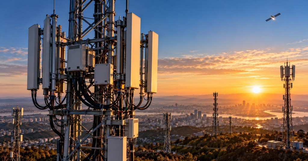 Original editorial concept photograph showing American cellular towers, RF panel antennas and a low-Earth-orbit communications satellite above a city at sunset, illustrating Grain Management's SpaceX spectrum transaction.