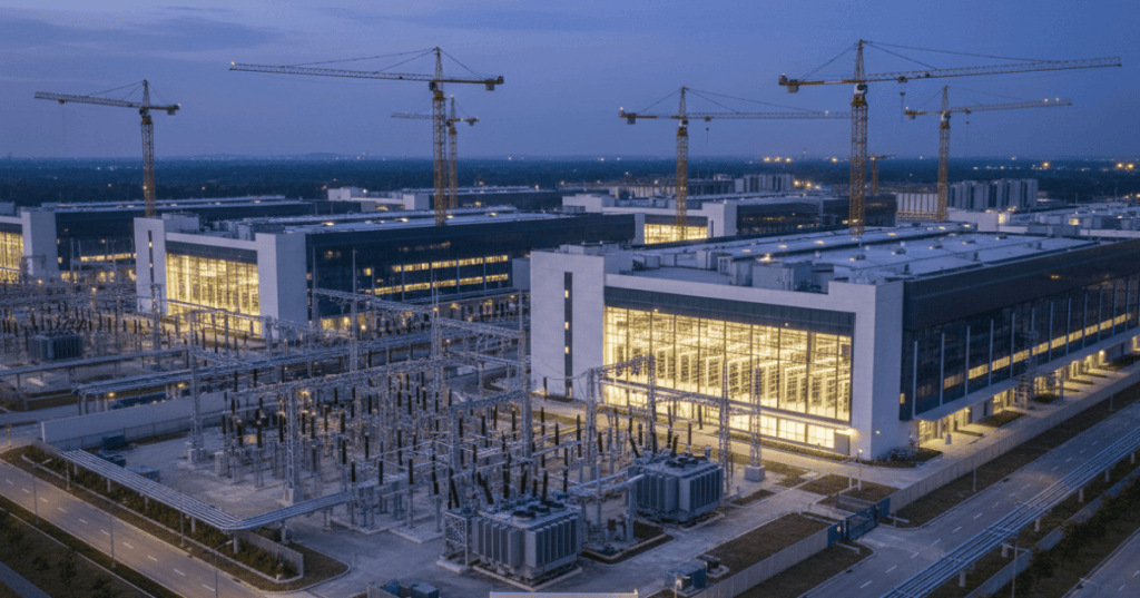 DayOne hyperscale data center campus under expansion with power infrastructure and construction cranes at dusk.
