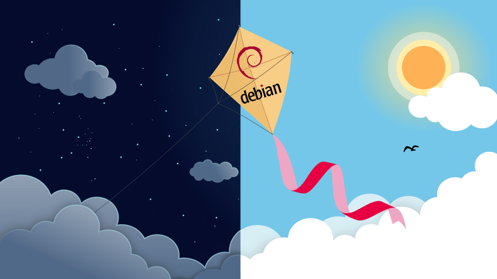 aVoada community artwork proposal for Debian 14 Forky showing a Debian-themed kite in a clean open sky.