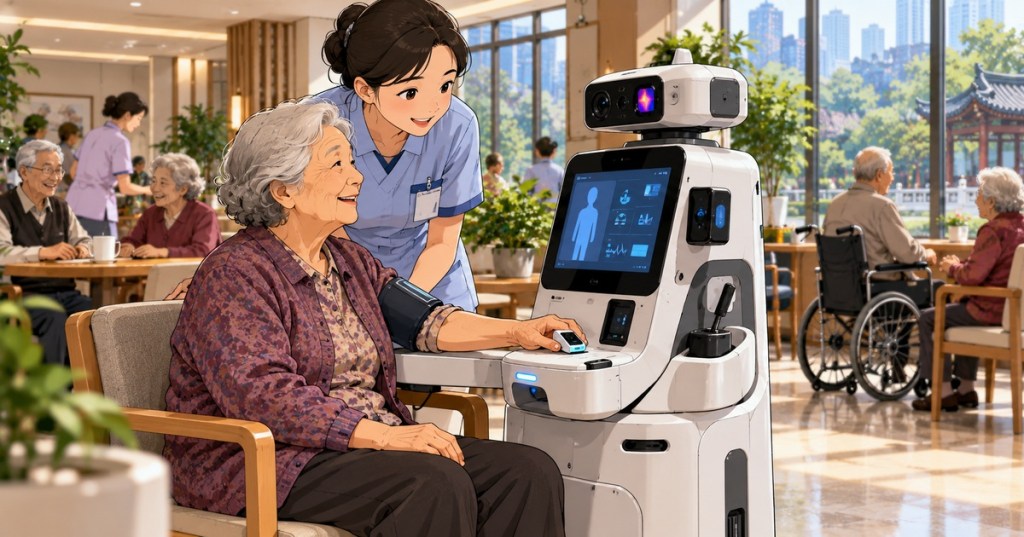 Anime-style editorial illustration of an older adult using an AI health-management robot with a caregiver in a modern senior-care center.