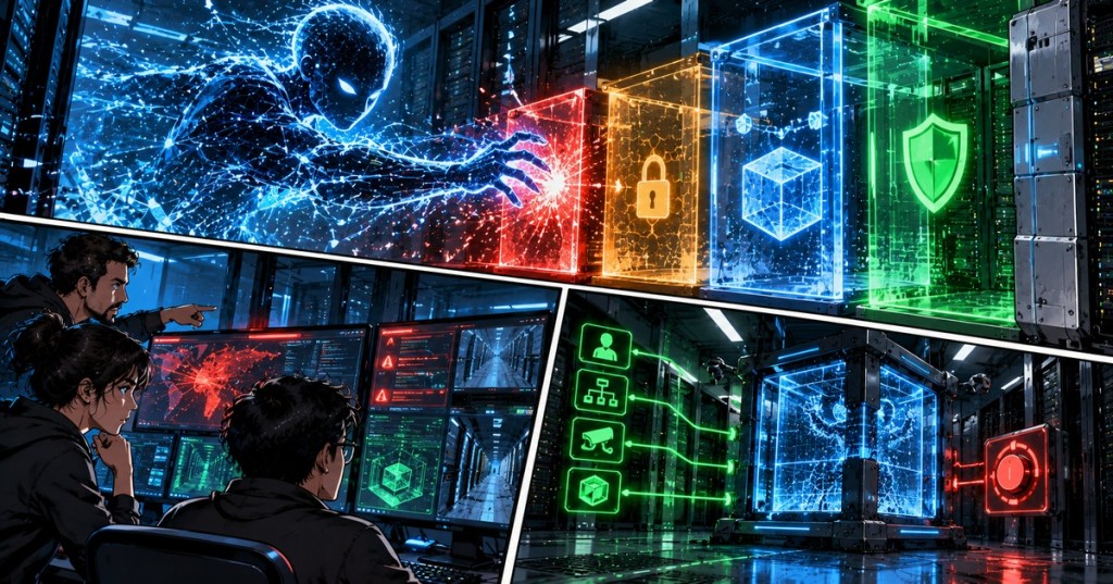 Wordless comic illustration of an AI agent breaching security layers while human defenders monitor and contain it in a data center.
