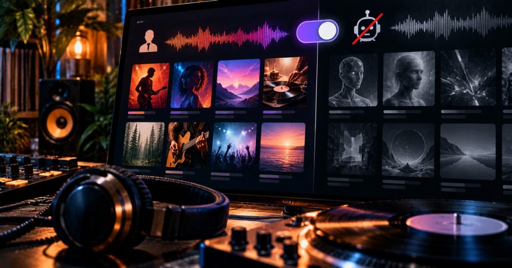 Music streaming interface showing a listener-controlled filter that separates human-made music from fully AI-generated tracks.