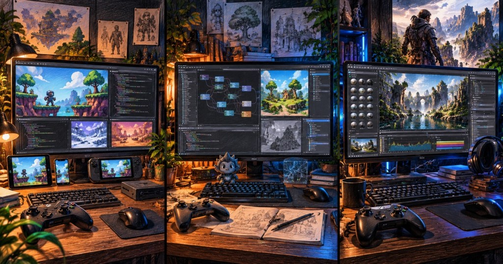 Colored-pencil illustration of three game-development workstations representing lightweight, open-source, and commercial game engine workflows.