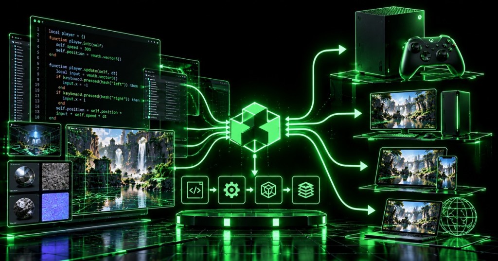 Minimal black and neon-green technical illustration of a game engine build pipeline publishing one project across Xbox, desktop, mobile, and web.