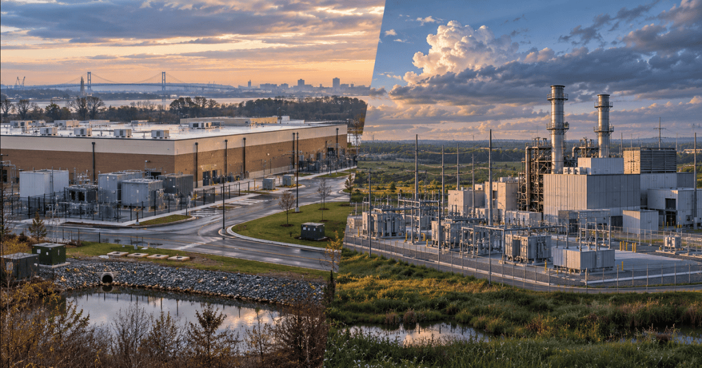 Detailed original editorial split-screen depicting data center buildings and electrical generation infrastructure, conceptual artwork not an actual Delaware project photograph