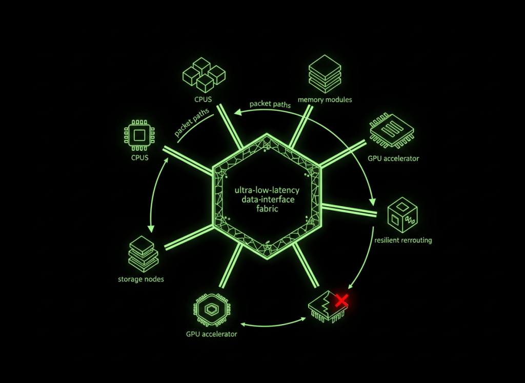 Neon technical diagram of mixed AI compute, memory and storage endpoints connected through a central resilient data-interface network.