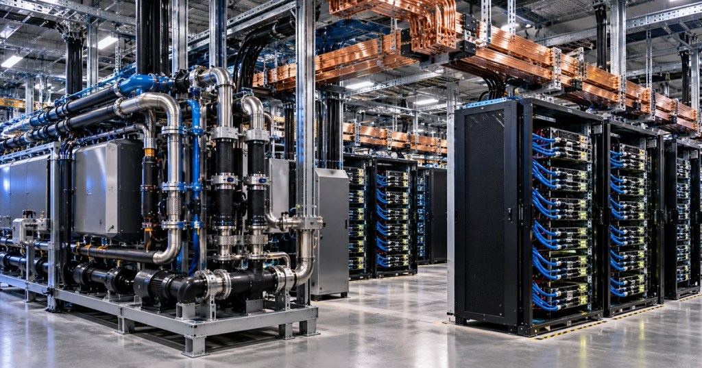 Photorealistic AI data center with 800 VDC power distribution and large liquid cooling infrastructure