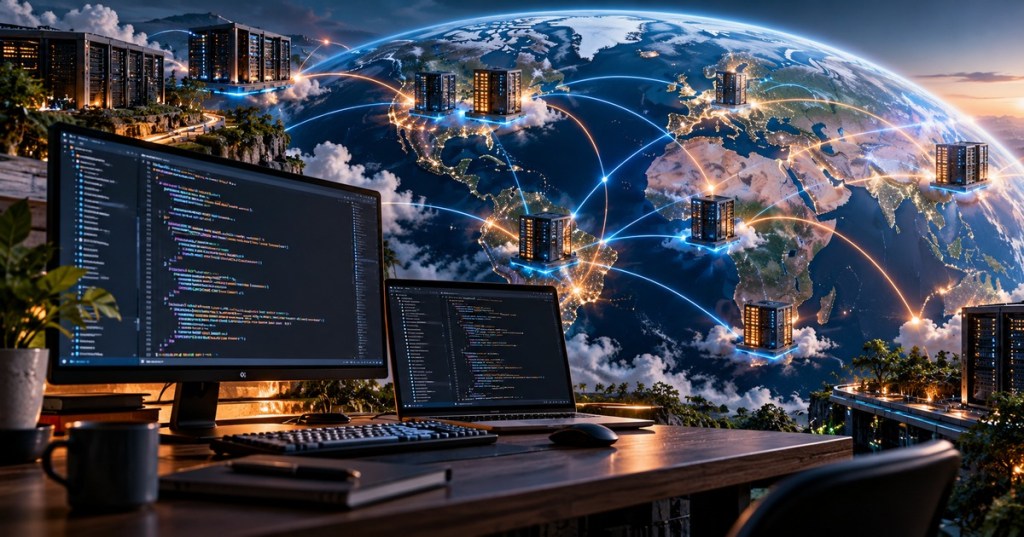 Developer workstation connected to a global edge-computing network, representing Deno joining Cloudflare.