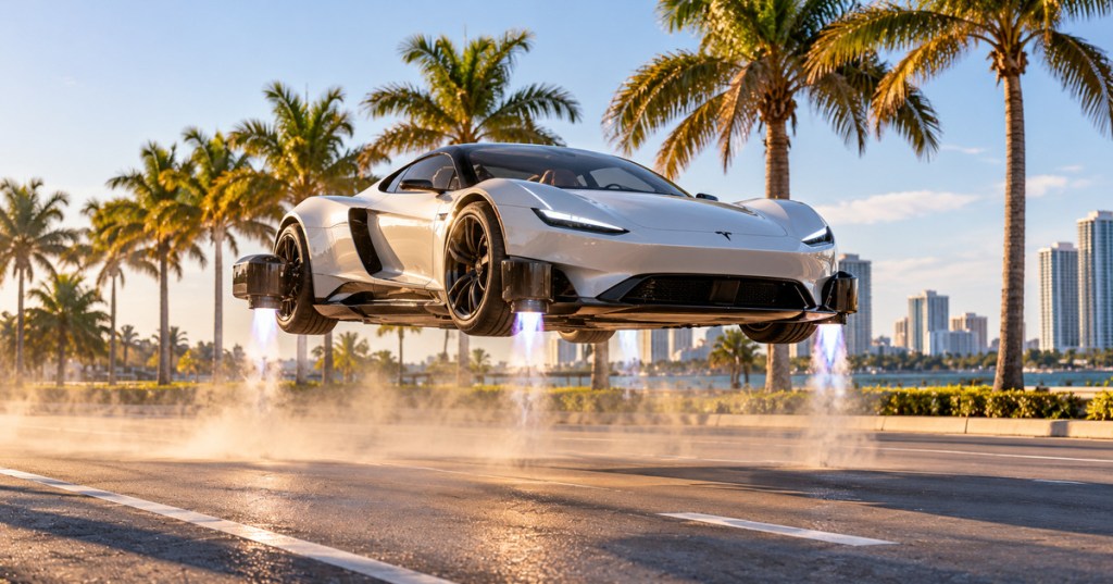 Photorealistic editorial image of a futuristic white electric roadster briefly airborne above a palm-lined Florida boulevard using downward thrusters.