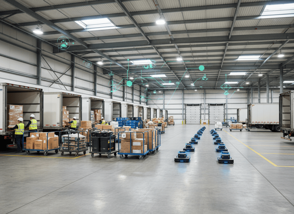 Realistic warehouse scene showing human workers and autonomous robots coordinating cart movement in a cross-dock operation.