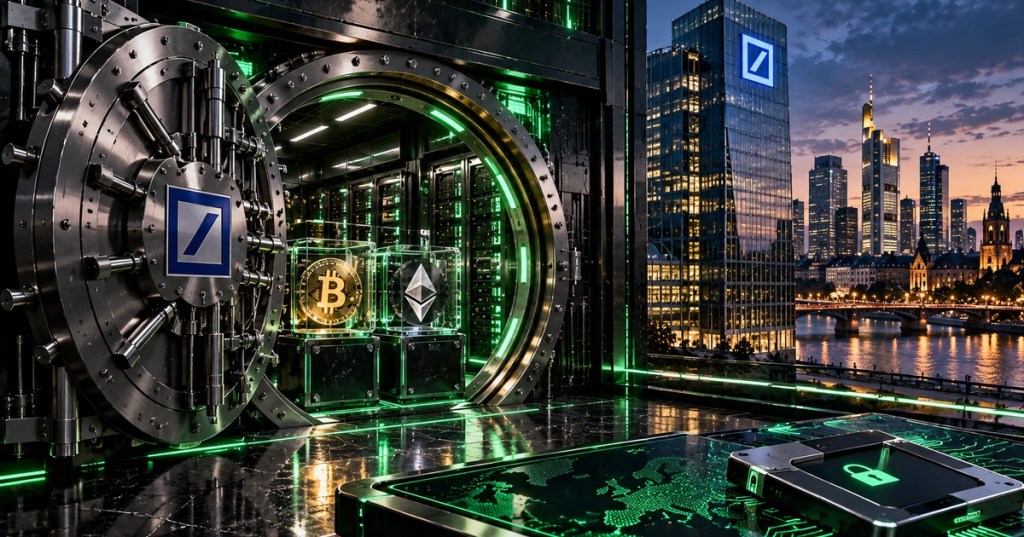 Editorial concept of a Deutsche Bank-branded digital asset vault protecting Bitcoin and Ether, with a Frankfurt skyline and green security lighting.