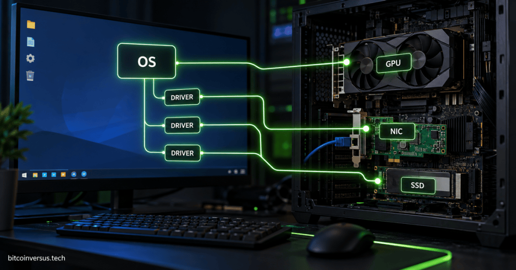 Operating system connected through software drivers to a GPU, network interface card, and SSD inside a desktop PC.