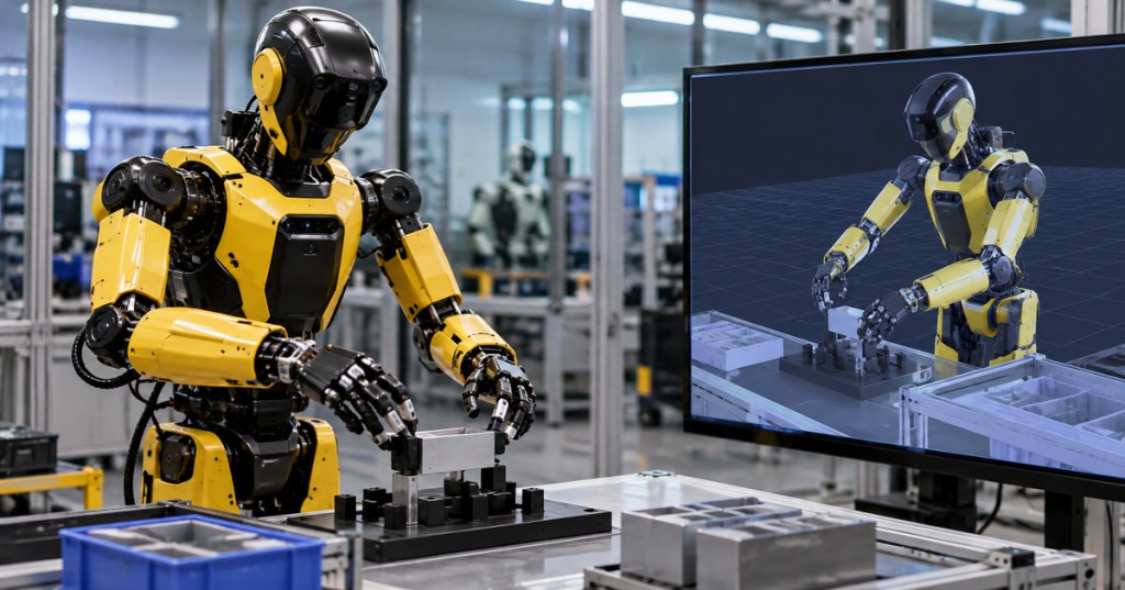 Realistic editorial-photo scene of a humanoid robot working beside a matching simulation display in a robotics lab.