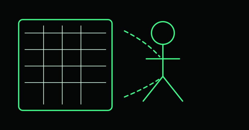 Wordless technical illustration of a humanoid robot training inside a simulated digital environment.