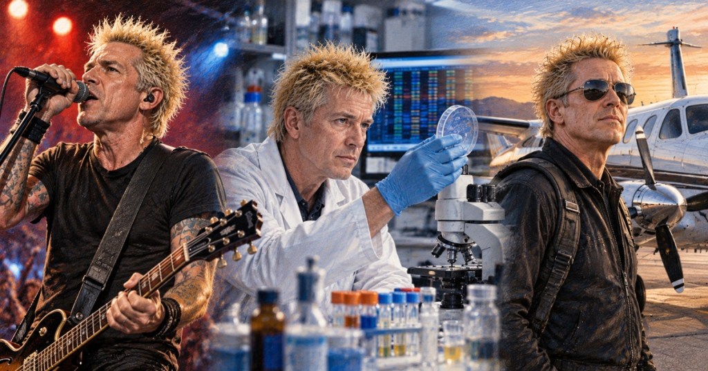 Illustrated career portrait of Dexter Holland as a punk rock singer, molecular biologist, and pilot