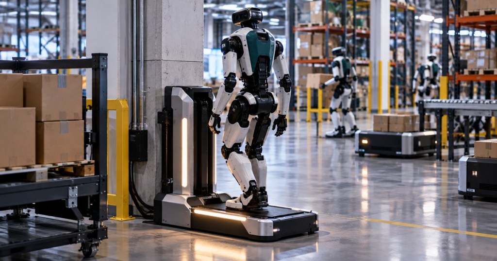 Humanoid robot charging at a fast-charge dock inside an automated warehouse.