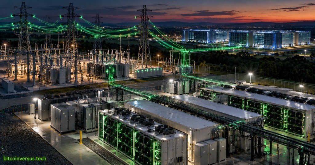 Editorial illustration of Bitcoin mining containers, high-voltage grid infrastructure and large data centers connected across an industrial energy campus at dusk