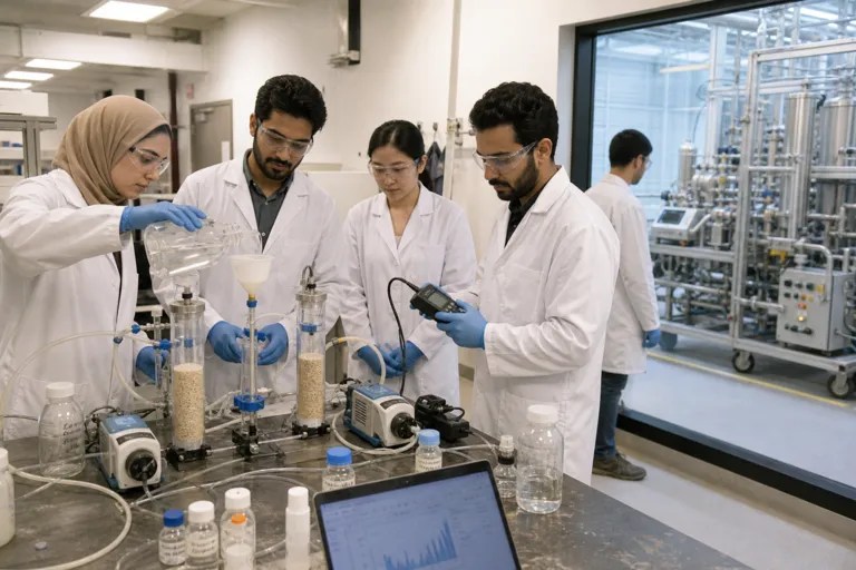 Researchers operating a pilot direct lithium extraction system in a laboratory