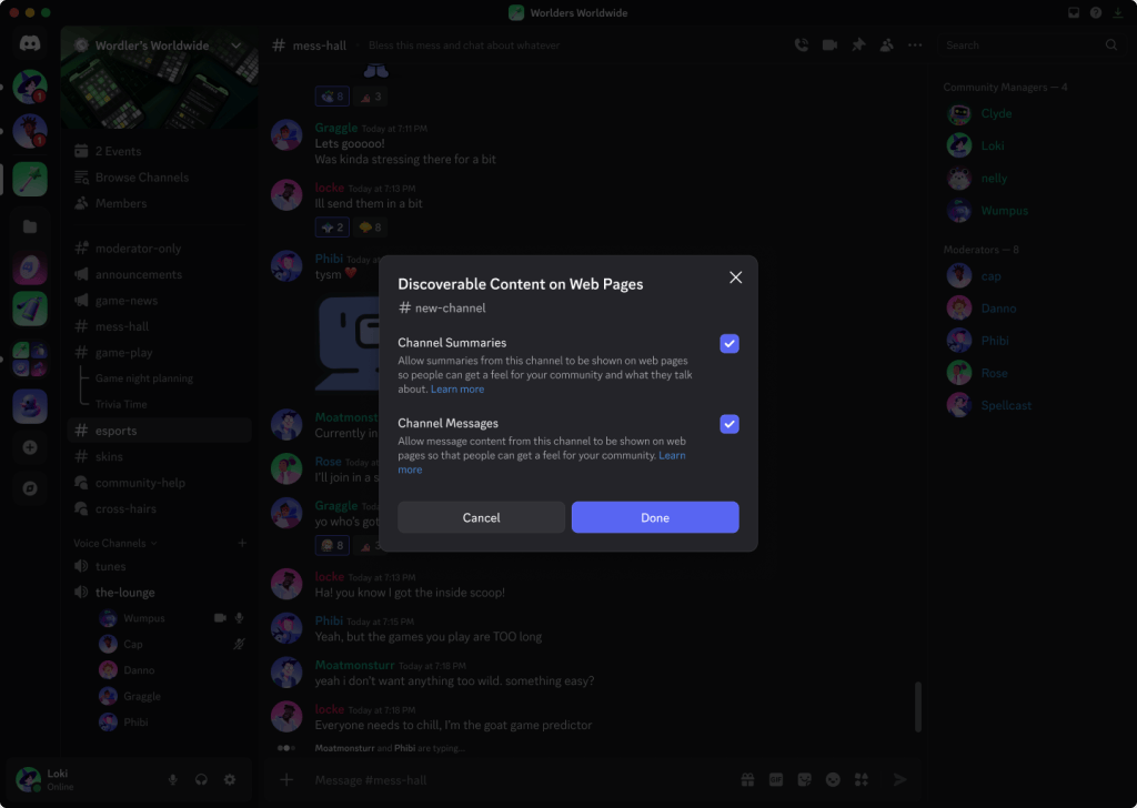 Discord official screenshot of admin controls for Channel Summaries and Channel Messages