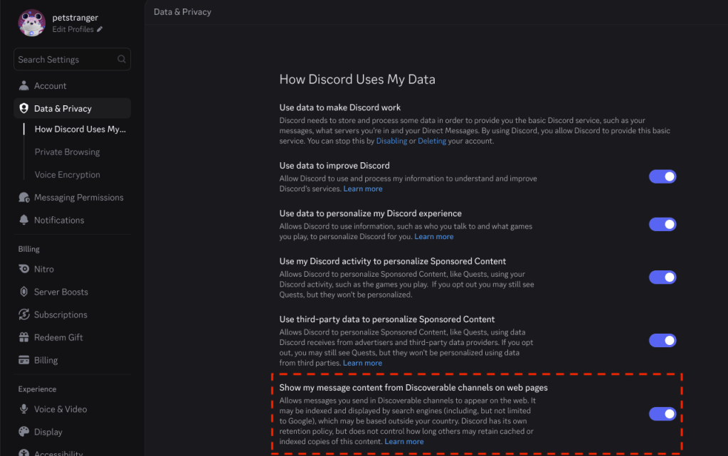Discord official Data and Privacy setting highlighted in an account settings screenshot