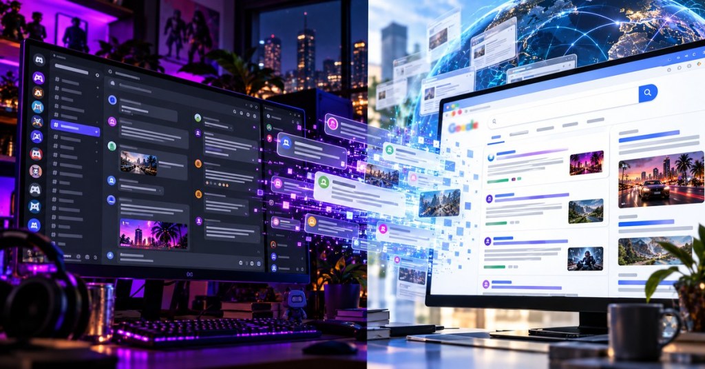 Split-screen editorial art contrasting Discord-style public chat messages with global web search indexing, featuring illuminated monitors and a connected globe