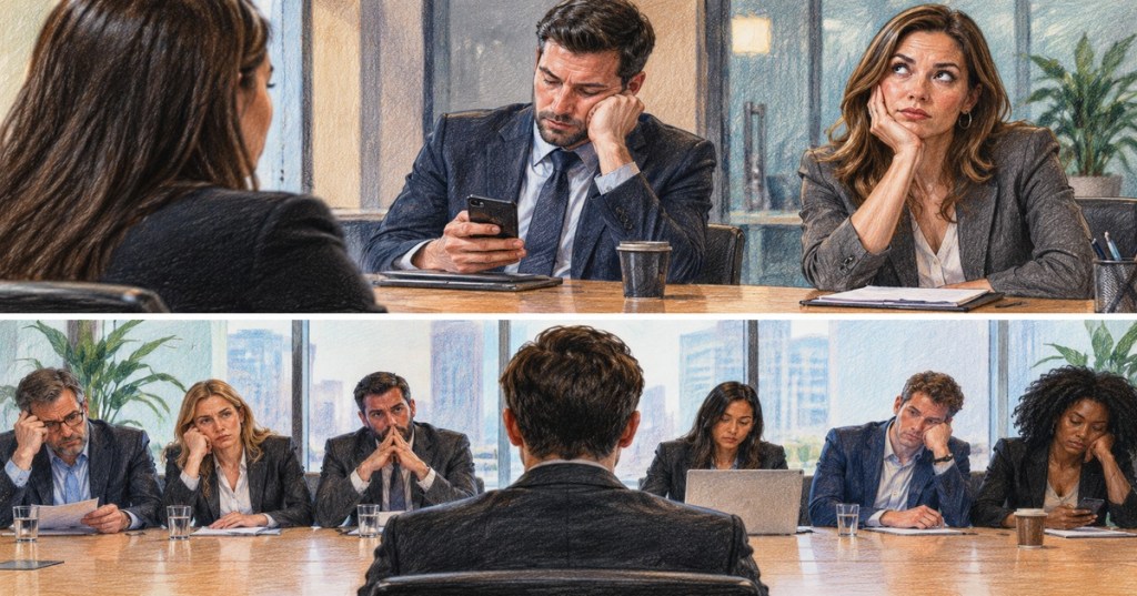 Colored-pencil illustration of a job candidate facing a visibly disengaged and dismissive interview panel.