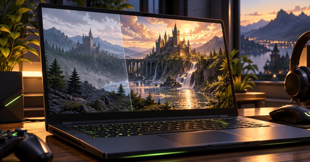 Anime-style editorial illustration of a gaming laptop showing a split-screen neural-rendering comparison, created for a story about NVIDIA's faster DLSS 5 model.
