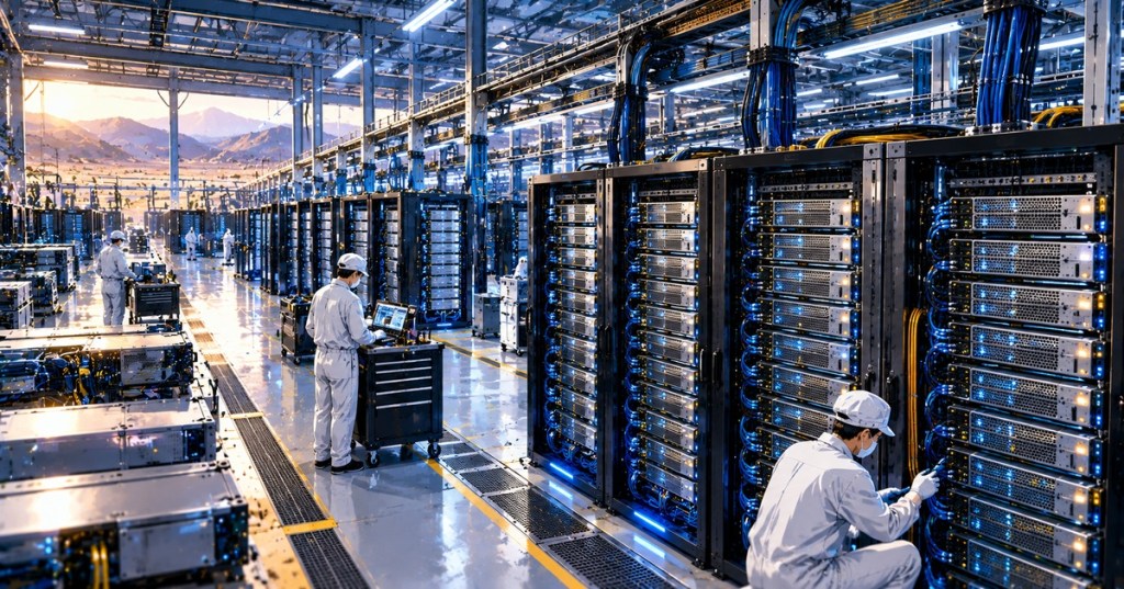Anime-style AI data center with dense air-cooled server racks and technicians representing d-Matrix Squadron inference clusters