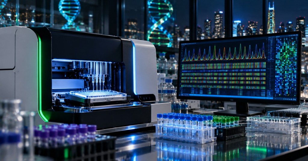 Photorealistic genomics laboratory with a modern DNA sequencer, sample racks and sequencing data displayed on a monitor.