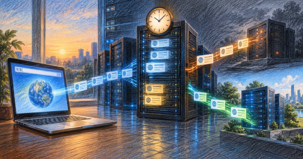 Color-pencil illustration of a laptop sending DNS records through cached server infrastructure while TTL time counts down and traffic paths shift between old and new destinations.