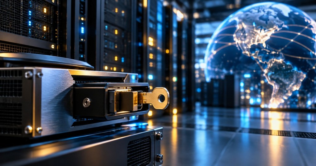 Global DNS infrastructure represented by data center servers, a cryptographic key, and a connected globe.