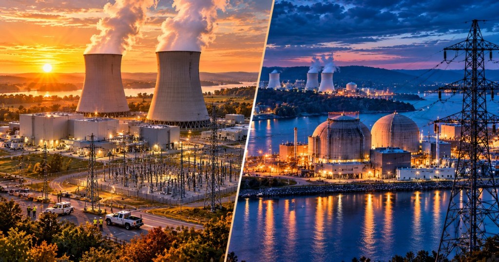Detailed editorial diptych of nuclear power stations: cooling towers and electrical substations at sunset on left, waterfront reactors and transmission lines at blue hour on right