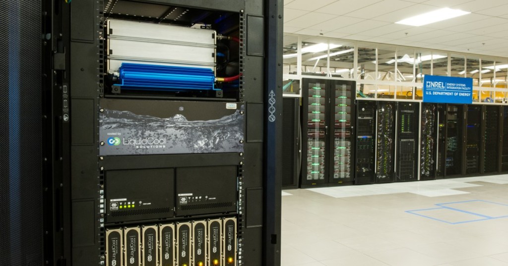 Liquid-cooled server rack installed at the National Renewable Energy Laboratory Energy Systems Integration Facility data center.