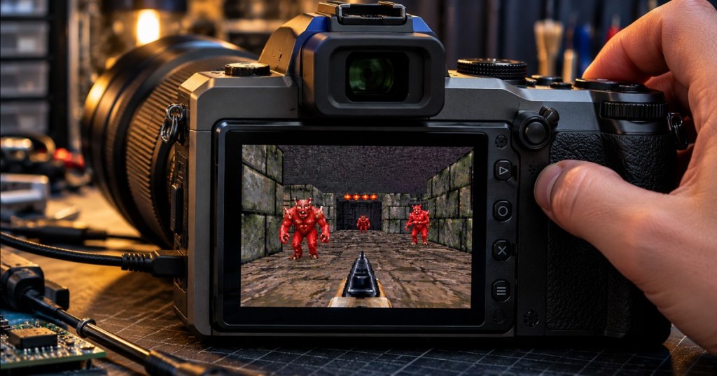 Original editorial image depicting a digital camera with retro shooter on its display