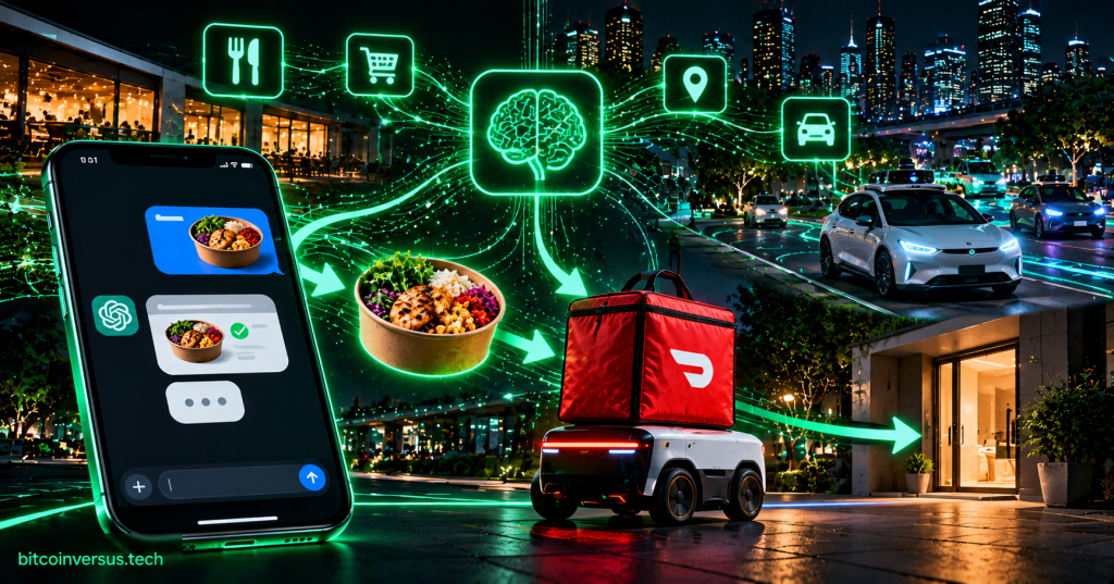 Neon illustration of an AI food ordering agent connected to delivery and autonomous rideshare vehicles.
