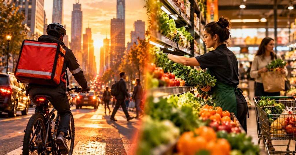 Illustrated split-screen scene of an urban delivery cyclist and a grocery worker selecting vegetables, representing the announced DoorDash–Instacart acquisition