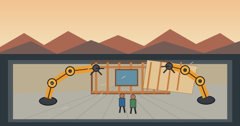 Anime-style industrial scene of robotic arms assembling house panels in a factory with a desert landscape beyond.
