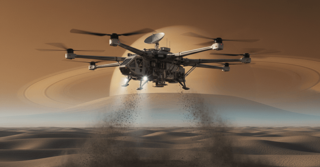 Rotorcraft lander flying over Titan's orange haze and dark organic dunes near Selk Crater