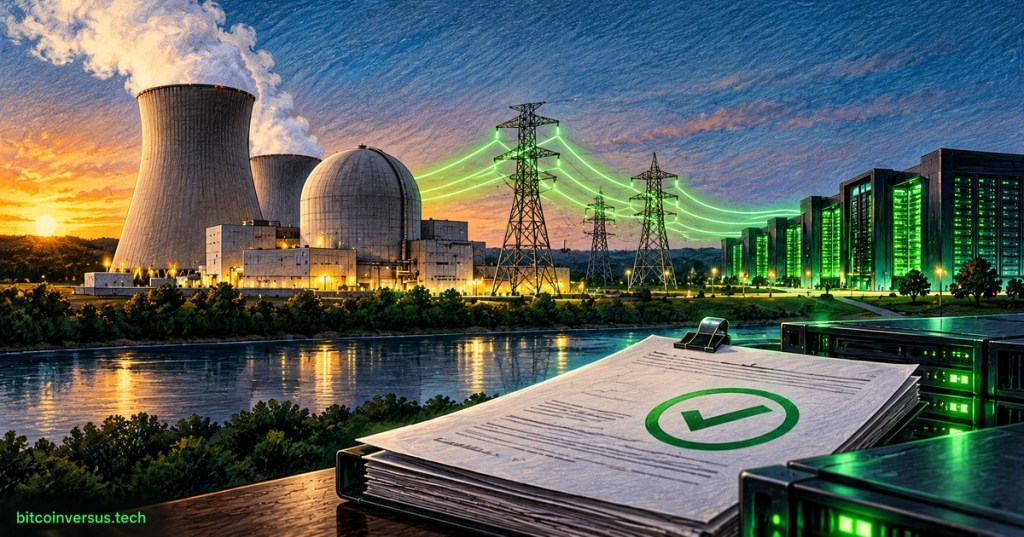 Color-pencil editorial illustration of a nuclear power plant sending electricity to an AI data center, representing the Duane Arnold restart
